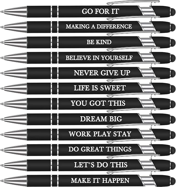 Zonon 12 Pieces Inspirational Pens Bulk Easter Basket Stuffers Motivational Quotes Ballpoint Pens with Stylus Tip Inspirational Gifts for School Office Teachers(Black,Motivational Style)