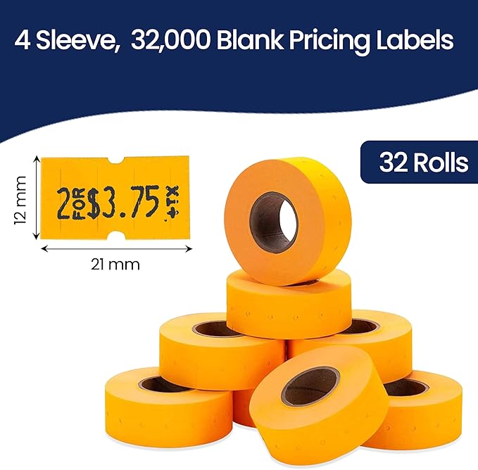 Perco 1 Line Fluorescent Orange Labels - 32 Rolls, 4 Sleeves, 32,000 Blank Price and Date Gun Labels for Perco 1 Line Price and Date Guns - Made in USA