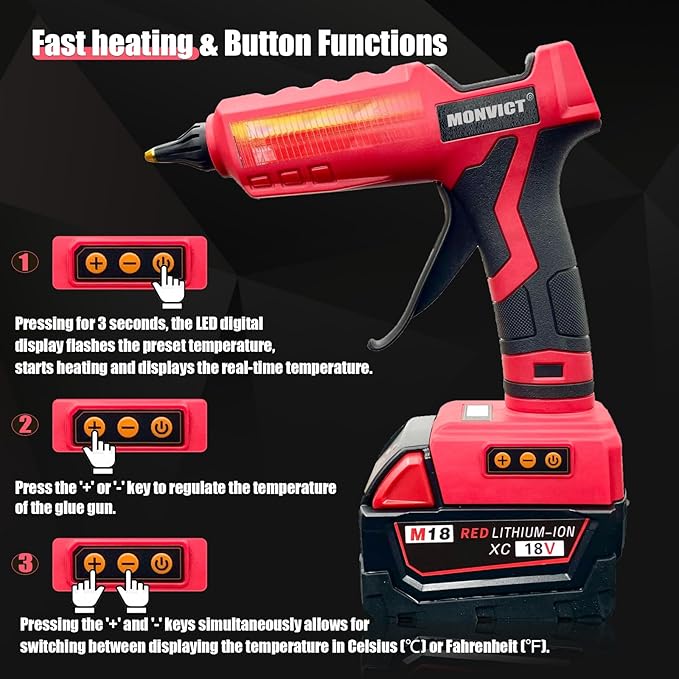 MONVICT 100W Cordless Glue Gun for Milwaukee 18V Battery, Upgraded Digital Temperature Adjustable Handheld Electric Power Full Size Heavy Duty Hot Glue Gun with 10 Glue Sticks (Tools only)