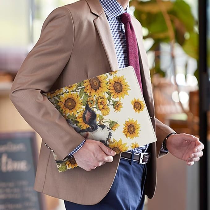 Cow Sunflower Printed Portfolio Folder Leather Padfolio with A4 Size Clipboard Clip for Business Resume Interview Document Sleeve Binder Folder for Men/Women