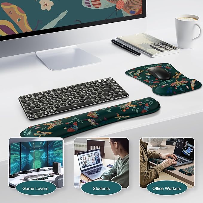 iCasso Ergonomic Mouse Pad with Wrist Rest, Keyboard Wrist Rest Mouse Wrist Rest, Made of Memory Foam, Easy Typing and Relieve Wrist Pain, Perfect for Computer Keyboard Office(Green Butterfly)