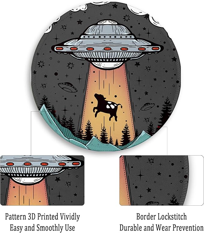 Gctriki Small Round Mouse Pad for Desk, Stitched Edge Non-Slip Rubber Base, Funny UFO Cow Mousepad for Laptop Computer Gaming, Cute Home Office Decor Desk Accessories Supplies, 8.6 x 8.6 Inch