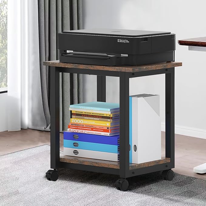Under Desk Printer Stand, 2-Tier 19.5''x 16''x 22'' Rolling Printer Stand Storage Shelves for Printer, Scanner, Fax Machine, Files, Books with Anti-Skid Feet for Home, Office, Brown