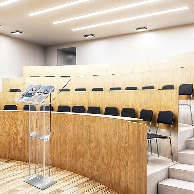 Podium Stand, Lecterns & Podiums, Acrylic Adjustable Angles with Metal Base, Podium for Church, Weddings, Classroom, Speech, 24" L x 16" W x 43.5" H, Clear