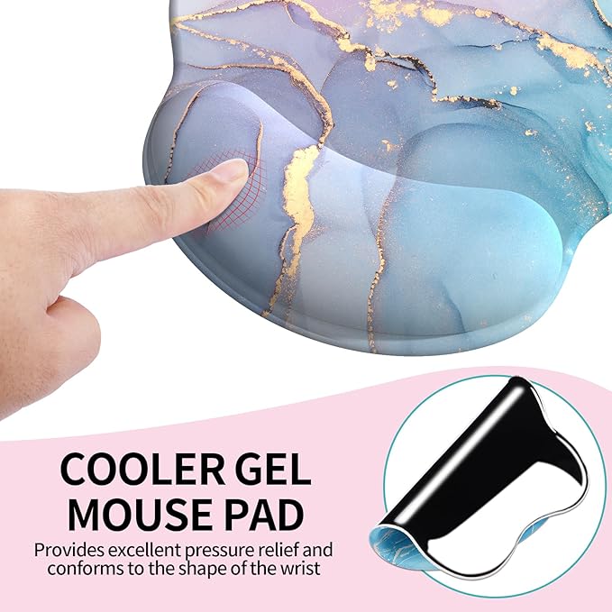 eulps Mouse Pad with Wrist Rest, Comfortable Computer Mousepad with Gel Wrist Support Smooth Surface and Non-Slip PU Base for Pain Relief, Laptop, Office & Home (Cyan Pink Marble)