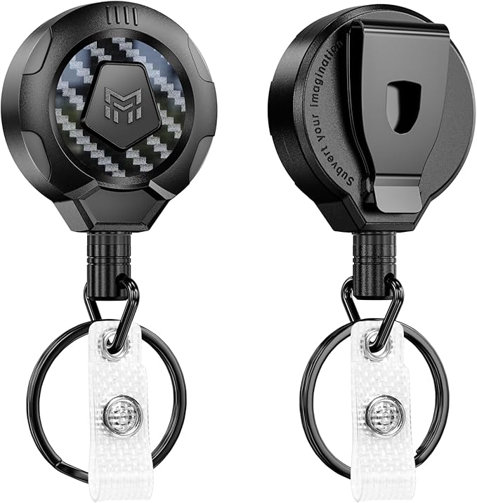 MNGARISTA Upgraded Heavy Duty Retractable Keychain with Belt Clip, 10 OZ Retraction, 31.5" Stainless Steel Cord, 3K Carbon Fiber ID Badge Reel with Badge Strap and Key Ring, 2 Pack