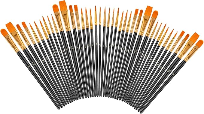 Soucolor Acrylic Paint Brushes Set, 40Pcs Round Pointed Tip Artist Paintbrushes for Acrylic Oil Watercolor Canvas Boards Rock Body Face Nail Art, Halloween Pumpkin Ceramic Crafts Supplies, Black