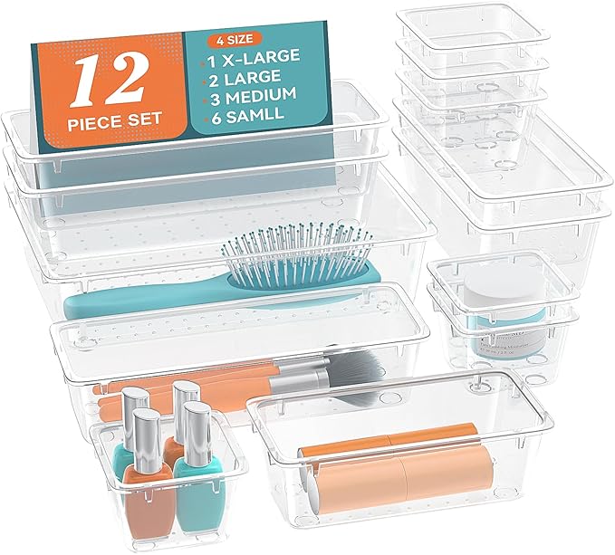12-Piece Drawer Organizer Set, 4 Sizes Clear Plastic Makeup Vanity Organizer for Makeup, Stationery, Gadgets, Kitchen, Bathroom, Office, Bedroom