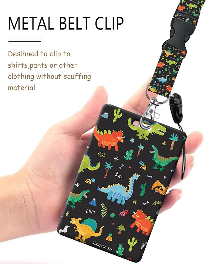 ID Badge Holder with Retractable Lanyard and Keychain, Badge Reel with Rotate Carabiner Clip,Cute Dinosaur Card Name Tag Lanyard ID Protector Bage Clips for Student, Women, Office