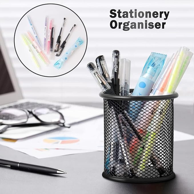 2 Pack Mesh Metal Pen Holder for Desk, 3.54×3.85IN Pencil Holder Workspace Organizers for School Office- Desk Accessories & Storage Products, Black