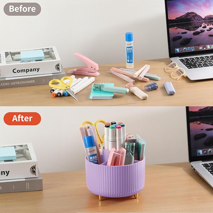 Desk Pencil Pen Holder, 5 Slots 360°Degree Rotating Pencil Pen Organizers for Desk, Desktop Storage Stationery Supplies Organizer, Cute Pencil Cup Pot for Office, School, Home, Art Supply, Purple