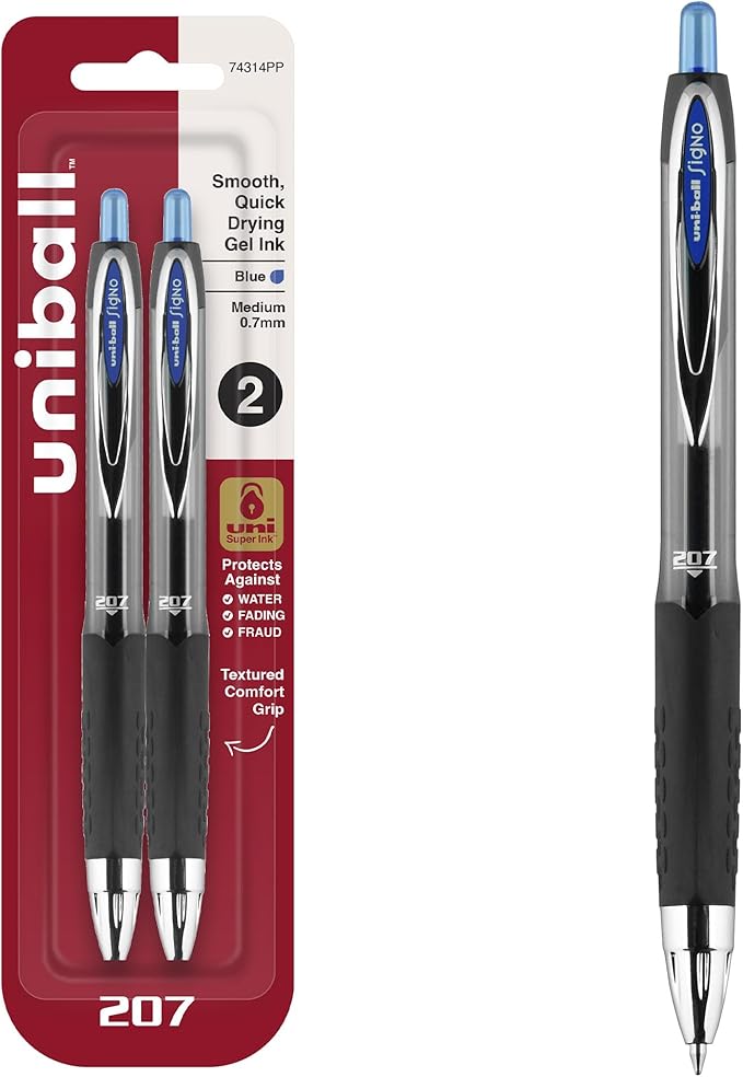 Uniball Signo 207 Gel Pens, 0.7mm Medium Blue, 2 Pack, Archival-Quality Ink, Quick-Drying, Water-Resistant, Stainless Steel Tip