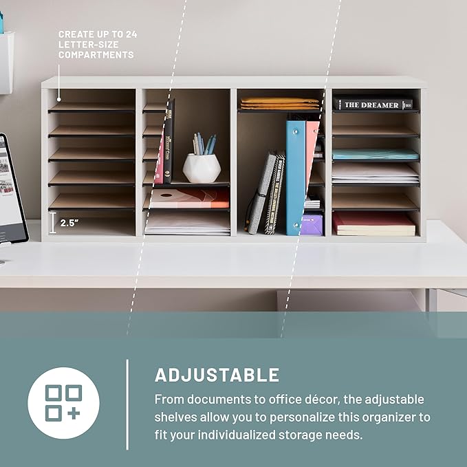 Safco Products Wood Adjustable Literature Organizer, 24 Compartment, 9423GR, Gray, Durable Construction, Removable Shelves, Stackable,16.4"x39.4"x11.8"