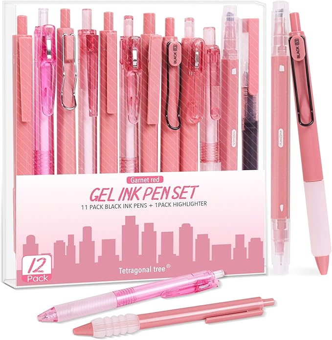 12Pcs Gel Pens Set, 11Pack Gel Pens with 1Pack Highlighter - Fast-Drying Black Ink, Fine Point 0.5mm, Retractable, Cute Pens - Garnet Red Aesthetic Gel Ink Pens for Journaling