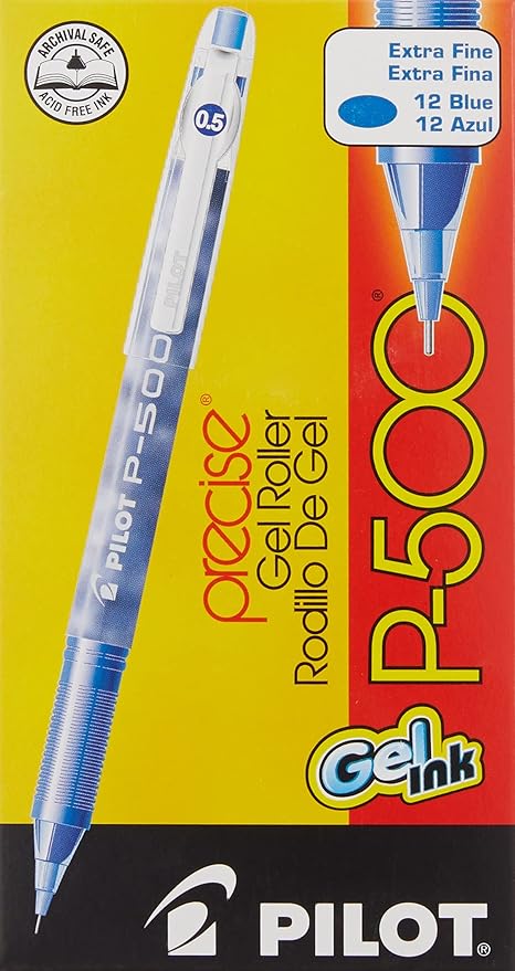 Pilot, Precise P-500 Gel Ink Rolling Ball Stick Pens, Marbled Barrel, Extra Fine Point 0.5 mm, Blue, Pack of 12