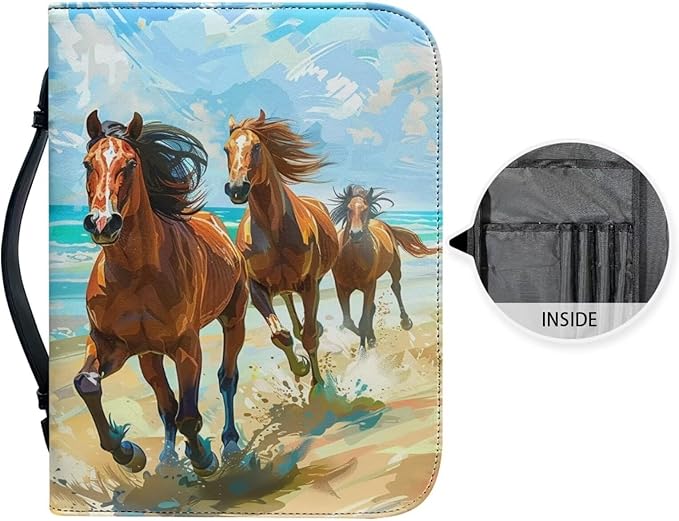 Lotusorchid Watercolor Horse Printed Bible Covers for Women Men PU Leather Bible Case Bible Bag Tote Book Carrying Case Christian Bible Accessories