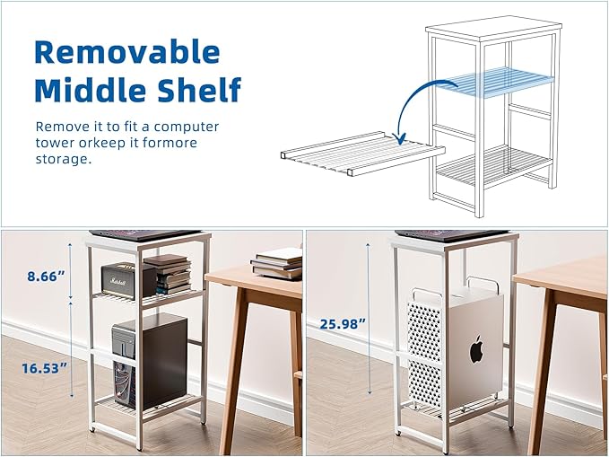 3-Tier Heavy-Duty Printer Stand – Multi-Functional Office Organizer with Wood Top, Perfect for Desk Underneath Storage,White with White Board