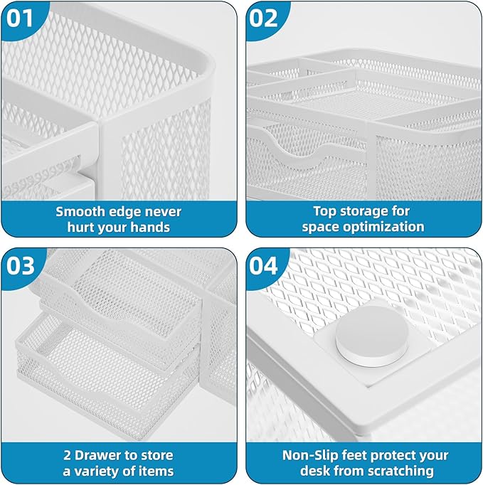 Marbrasse Mesh Desk Organizer, Pen Organizer with 2 Drawer, Multi-Functional Pencil Holder for Desk, Desk Organizers and Accessories with 5 Compartments + Drawer for Office Art Supplies (White)