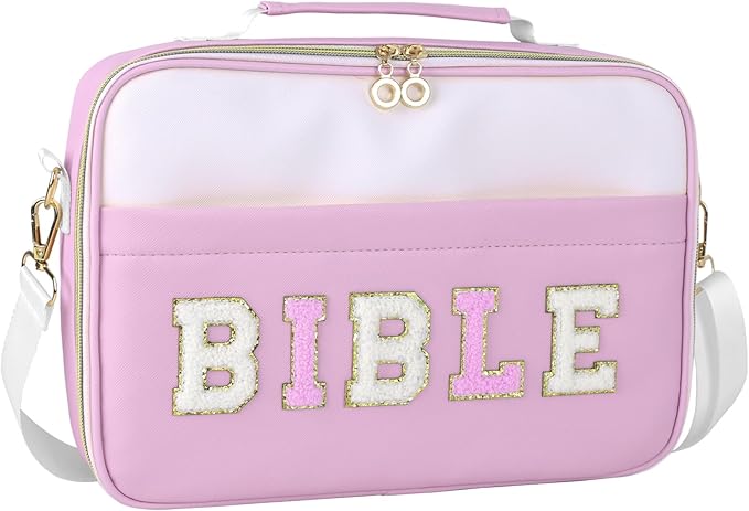 WOBANGEM Bible Cover Case for Women,Large Leather Bible Cases Christian Gifts for Women Men Girls,Preppy Chenille Letter Bible Bag with Shoulder Strap,Purple Bible Purse Bible Carrying Case for Women