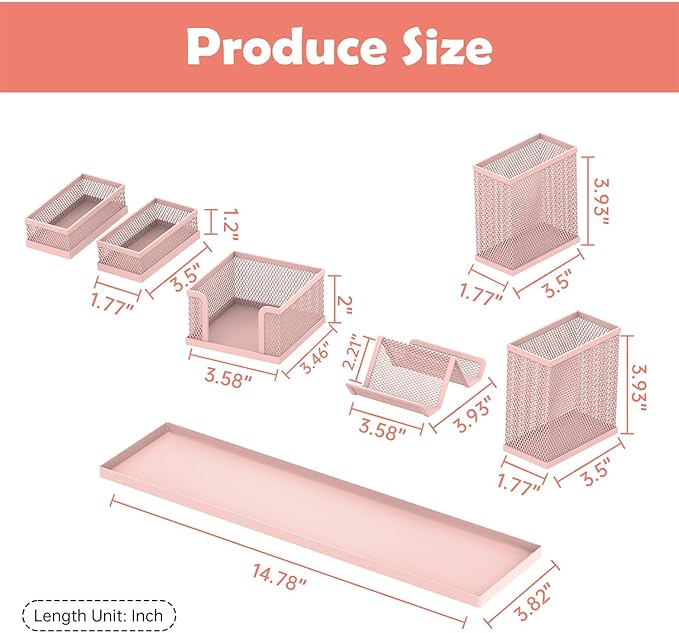 SUPEASY Pen Holder for Desk, 6 Piece Mesh Desk Organizer set, Desk Accessories for Office Organization with Mail Organizer, Letter Phone Holder, Sticky Notes Caddy Storage, Pink