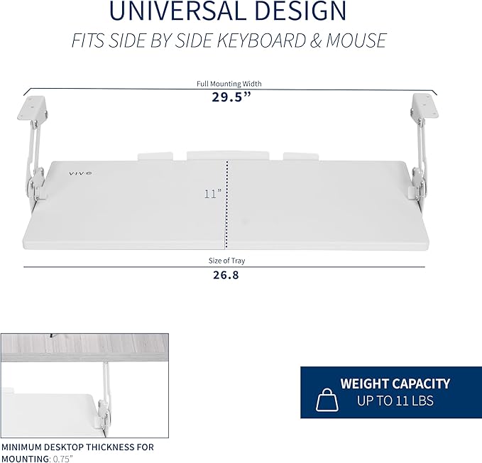 VIVO Large Under Desk 27 x 11 inch Computer Keyboard and Mouse Tray with Swinging Height Adjustment, 12 Settings, Platform Drawer for Typing, White, MOUNT-KB08SW