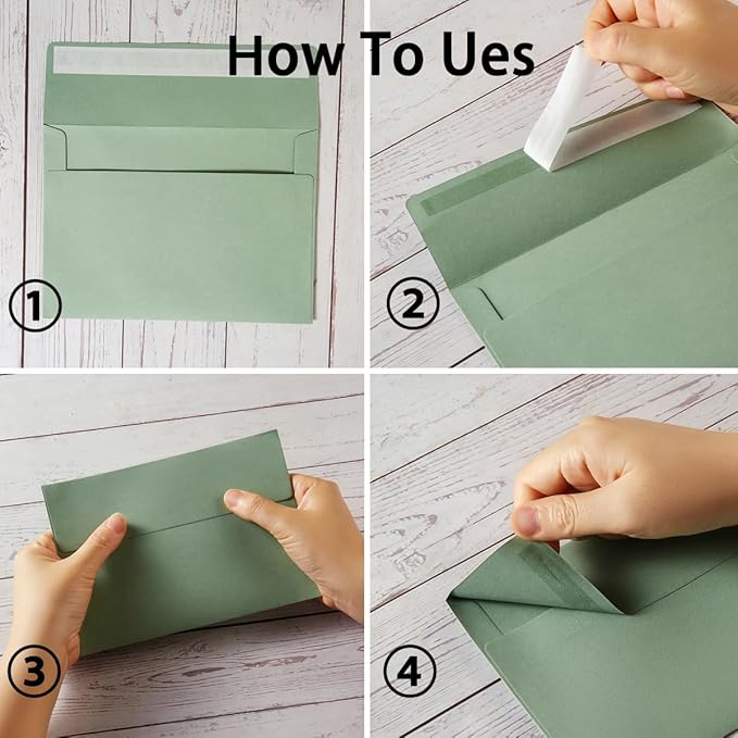 Wishop 50 Pack Self-Adhesive Envelopes with Fold Cards for Wedding Invitations, Greeting Cards, Baby Shower, Letter Mailing (Sage-Green, 4x6)