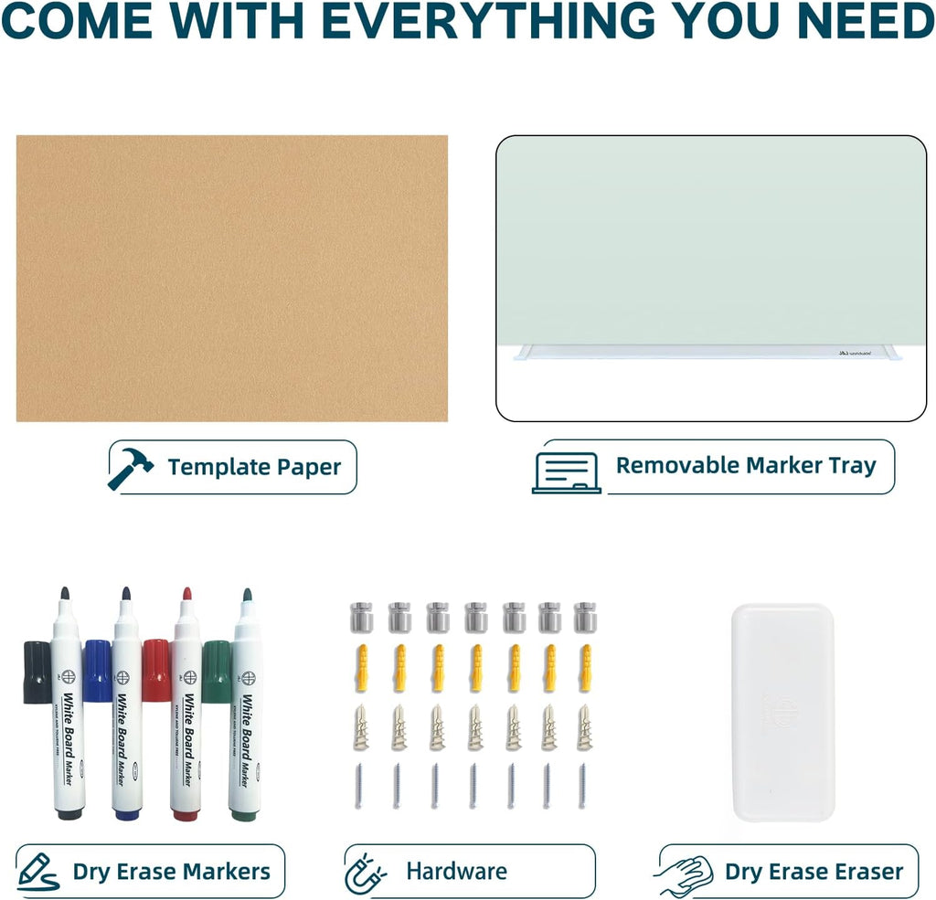 J&J worldwide Glass Whiteboard 6' x 3', Frosted Glass Dry Erase Board Non-Magnetic, Semi-Transparent, Includes Markers, Marker Tray, Eraser for Wall, Office, Home, School