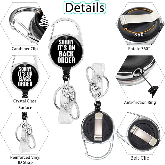Sorry It's on Back Order Badge Reel Retractable Heavy Duty with 360° Swivel Carabiner Clip, ID Badge Holder Retractable, Nurse Teacher Retractable Keychain Name Badge Clip Pharmacy Technician Gifts