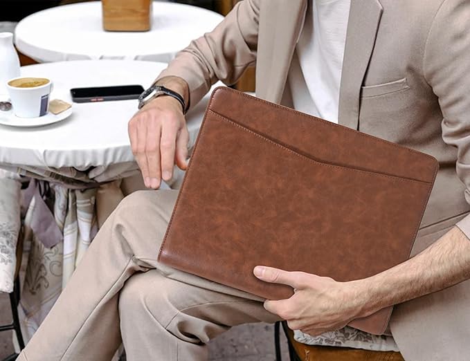 Personalized Leather Portfolio with Zipper, Professional Business Portfolio with A4/US letter Writing Pad holder for Resume, Interview, Leather Portfolio for Men and Women, Brown, Customized
