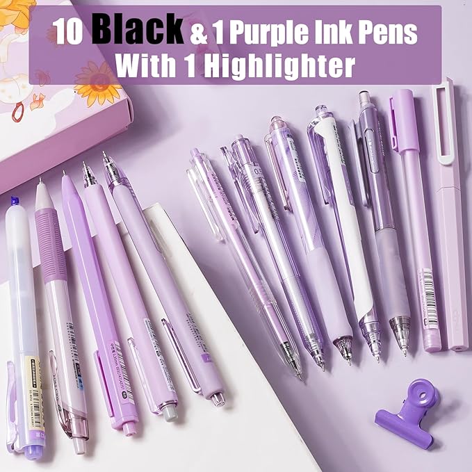 Four Candies 12Pack Pastel Gel Ink Pen Set, 11 Pack Black Ink Pens with 1Pack Highlighter for Writing, Retractable 0.5mm Fine Point Cute Note Taking Pens for School Office (Purple)