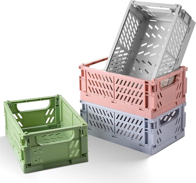 4-Pack Small Pastel Plastic Storage Baskets, Collapsible Crates for Organizing, Space-Saving Mini Bins for Classroom, Kitchen, Office, Bedroom (9.8" x 6.5" x 3.8")