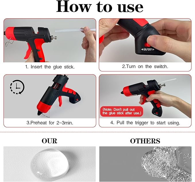 Cordless Hot Glue Gun, Fast Preheating Hot Melt Glue Gun, Mini Glue Gun Kit with 10 Premium Glue Sticks, Rechargeable Wireless Glue Gun for Art, Crafts, Home Repaire (Red)