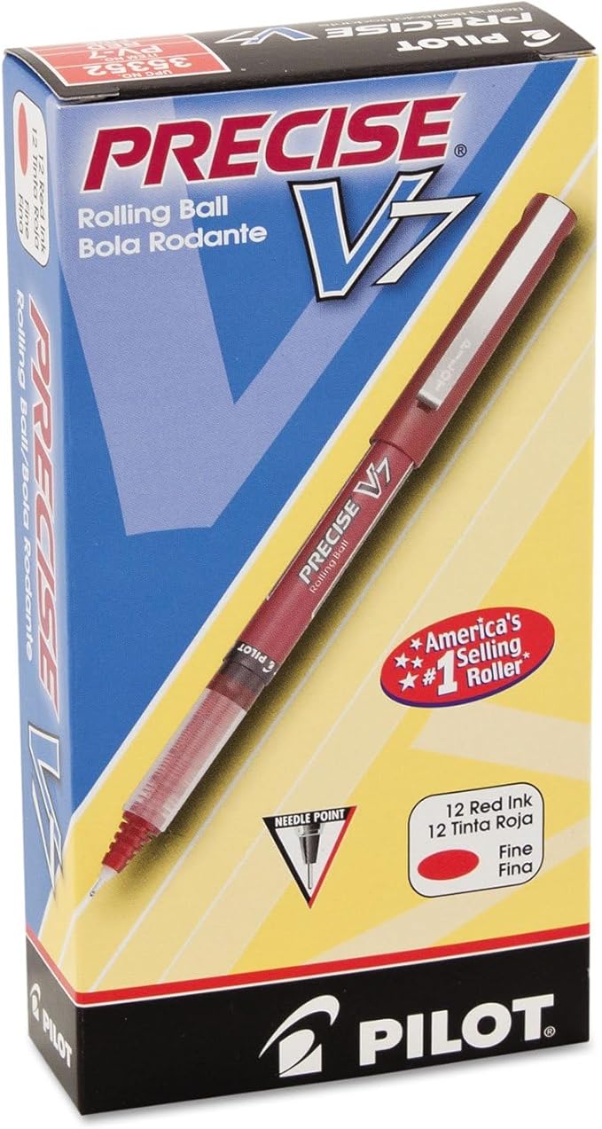Pilot, Precise V7, Capped Liquid Ink Rolling Ball Pens, Fine Point 0.7 mm, Red, Pack of 12