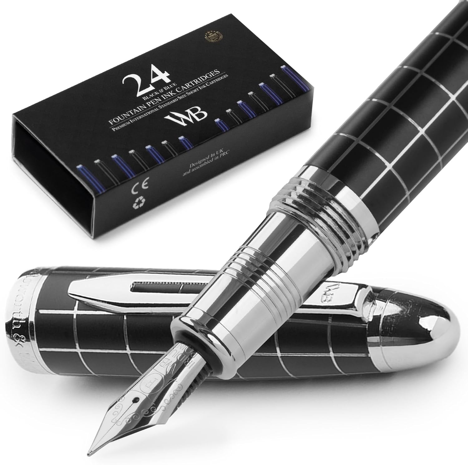 Wordsworth & Black Majesti Fountain Pen-(Checked), Luxury Case, Chrome Finish; Fine Nib- Ink Cartridges, Refillable Ink Converter-Calligraphy Pen-Best Business Gift Set for Men & Women