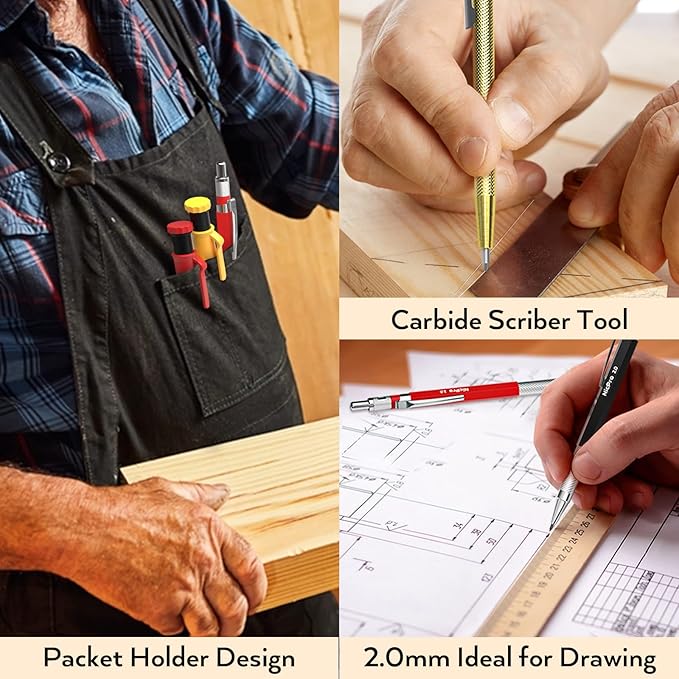 Nicpro 18 Pack Carpenter Pencil Set with Sharpener, Mechanical Carpenter Pencils with 76 Refills and Carbide Scribe Tool, Deep Hole Marker, Heavy Duty Construction Pencil for Architect-With Case
