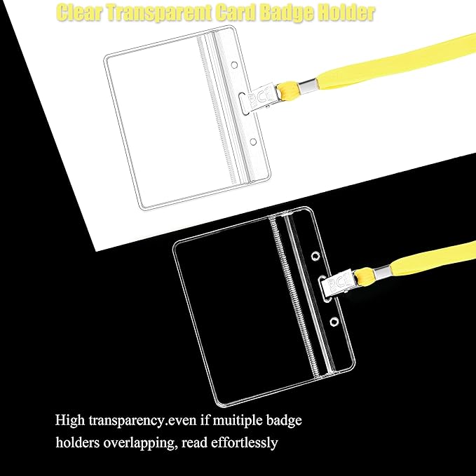 100Pcs Clear Plastic Horizontal Name Tags Badge ID Card Holders and 100Pcs Lanyards with Clip (Yellow)