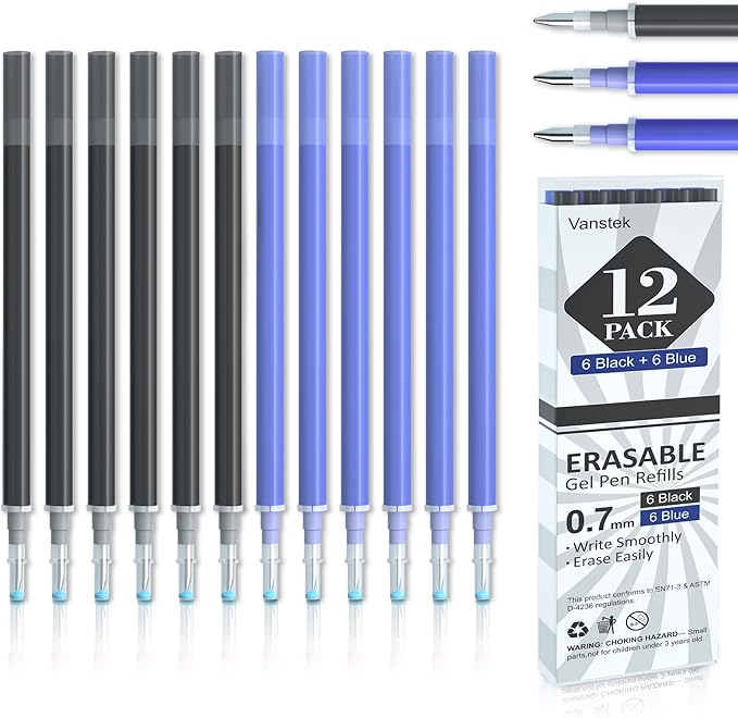 Vanstek 12 Pack 6 Blue 6 Black Erasable Gel Pen Refills, Gel Ink Refills Compatible with FriXion & Friction Erasable Pens, Fine Point 0.7 mm, Perfect for Writing Planner & Crossword Puzzles