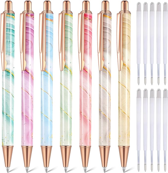 Sherr 7 Pcs Fancy Pens for Women Cute Sparkly Glitter Pens with 10 Pcs Black Ink Refills Pretty Gifts for Girls Office School Christmas Graduation(Colorful,Marble)