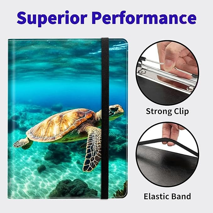 Sea Turtle PU Leather Padfolio Clipboard Notepad with Pen Loop and Elastic Strap Interview/Resume Document Organizer for Business School Office