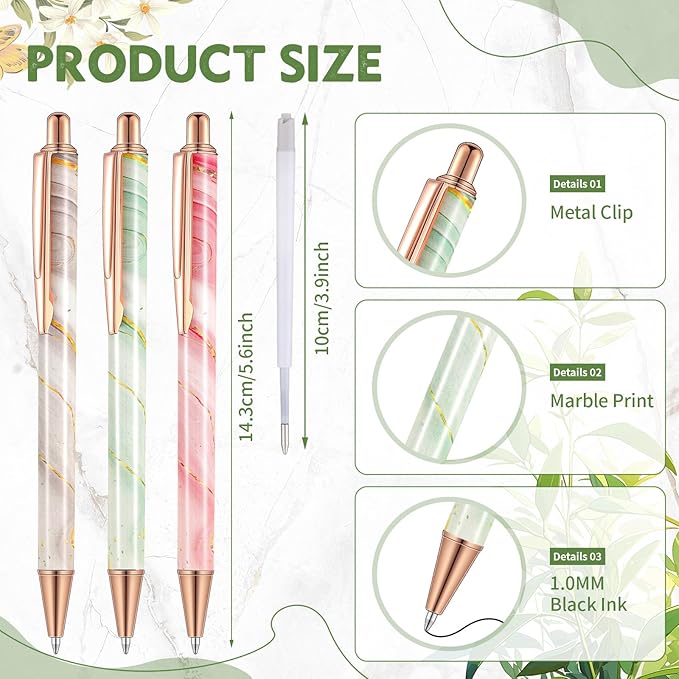 Sherr 7 Pcs Fancy Pens for Women Cute Sparkly Glitter Pens with 10 Pcs Black Ink Refills Pretty Gifts for Girls Office School Christmas Graduation(Colorful,Marble)