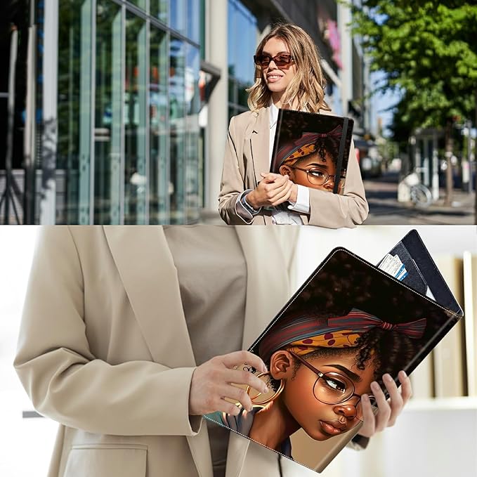 PU Leather Padfolio Folder Clipboard Portfolios Organizer Conference Document Organizer with Business Card Holder Storage Clipboard Writing Pad,Black African American