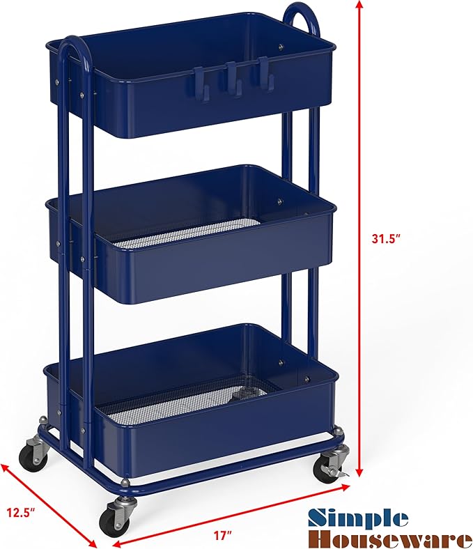 Simple Houseware Heavy Duty 3-Tier Metal Utility Rolling Cart, Navy