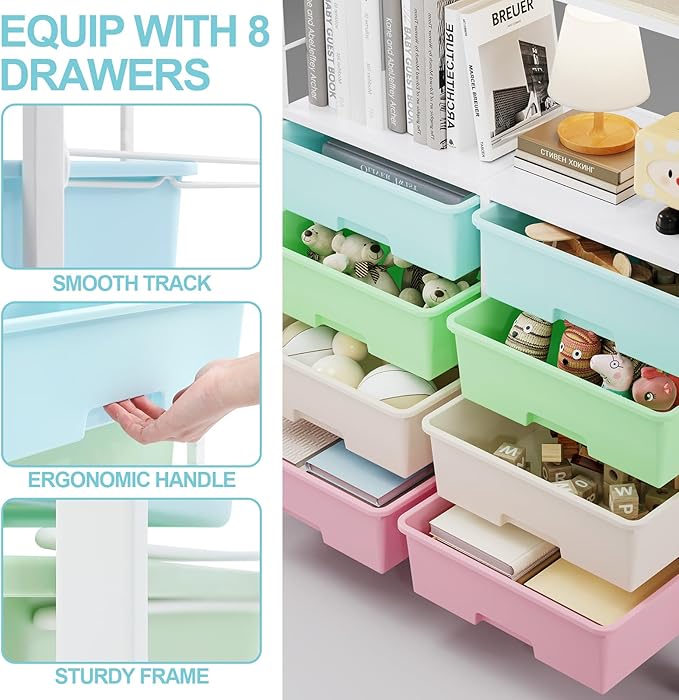 8 Drawers Rolling Storage Cart with Wooden Top, Multipurpose Utility Cart with Opening Shelf & Lockable Wheels, Storage Drawer Cart Organizer for Home Office Craft Room Classroom, Rainbow