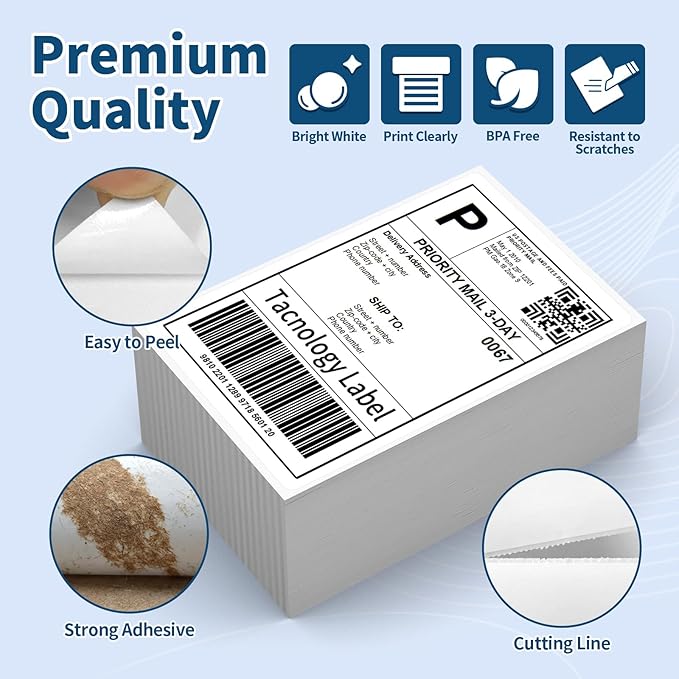 4 Stacks Fanfold 4" x 6" Direct Thermal Labels, Tacnology 2000 Labels White Perforated Shipping Labels, Permanent-Adhesive Mailing Address Paper Compatible with Zebra, Rollo, MUNBYN,500 Labels/Stack