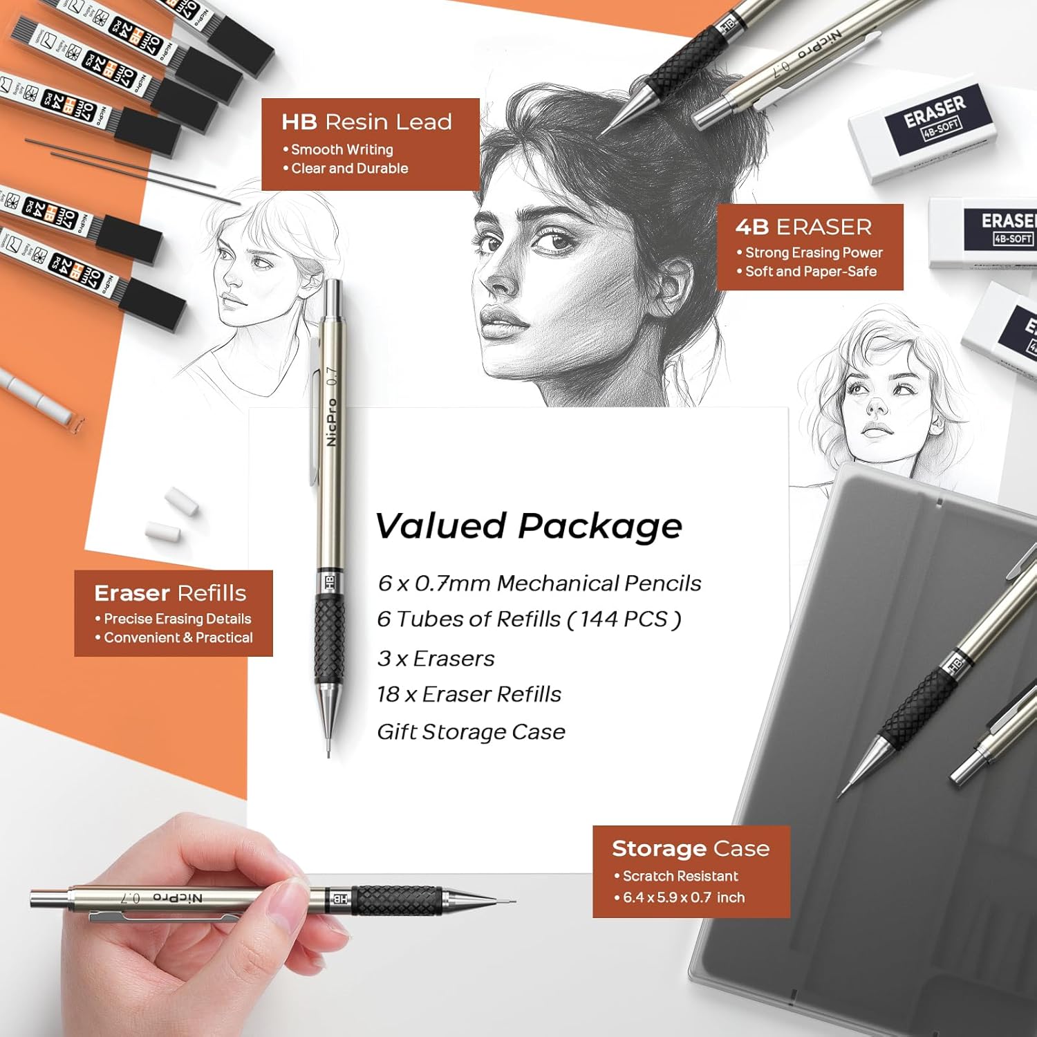 Nicpro 0.7 mm Art Mechanical Pencils Set, 6 PCS Metal Drafting Pencil 0.7mm Tube HB Lead Refills & 18 Cap Eraser for Adults, Children, Artist Writing, Drawing, Sketching, Black, 1 Count (Pack of 6)