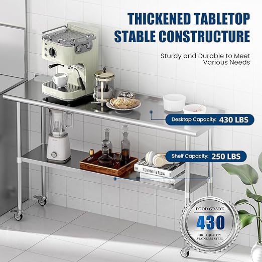 Stainless Steel Table with Wheels 18 x 60 Inches Metal Prep Table with Backsplash & Caster, Adjustable Undershelf for Commercial Kitchen, Outdoor, Restaurant, Hotel & Garage