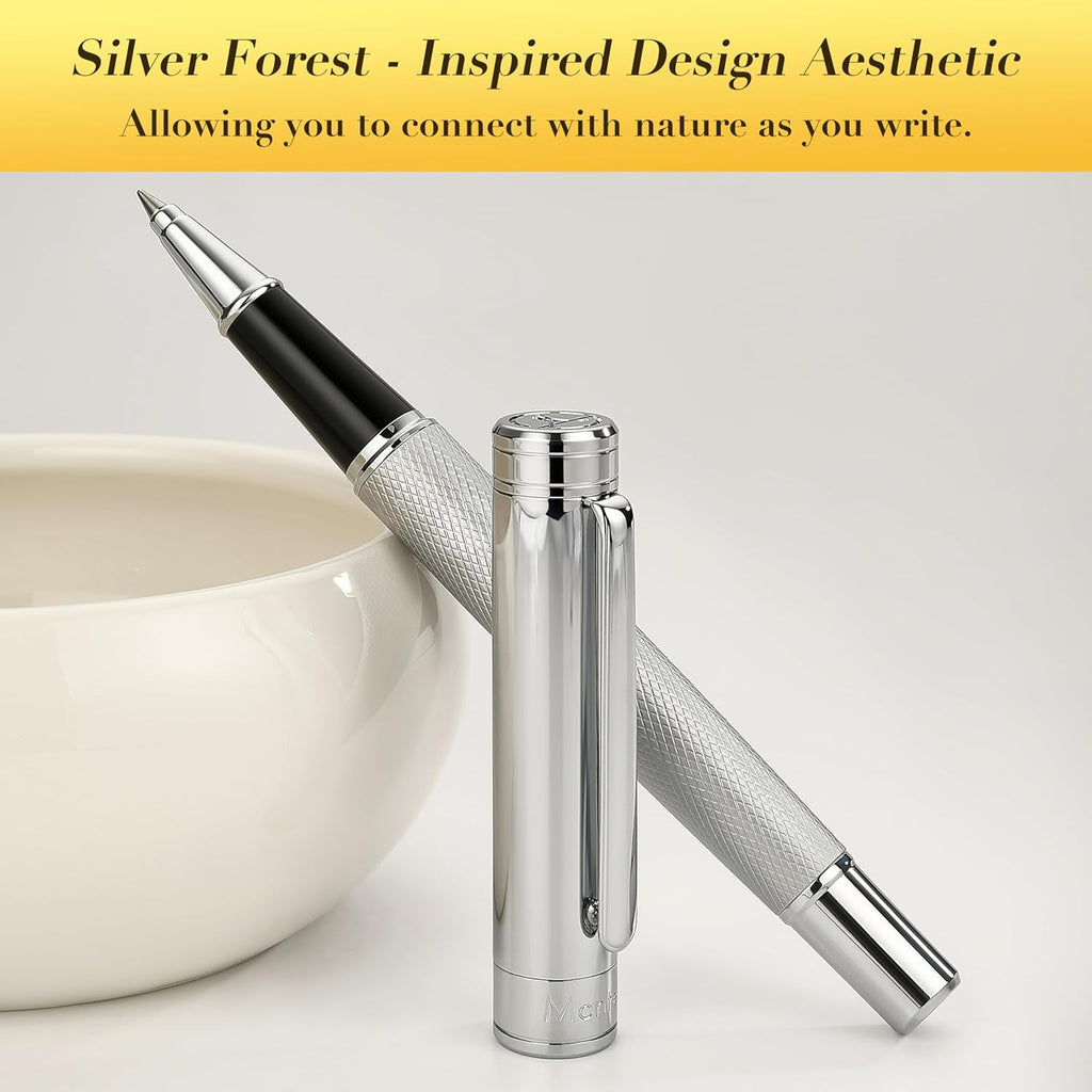 Silver Rollerball Pen, Stunning Luxury Pen with Mesh Texture Design, Bright Silver Chrome Finish, Schmidt refill, Nice Gift Set for Men & Women, Executive, Office, Graduation, Fancy Pens