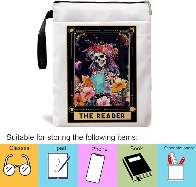 Book Sleeve, Book Sleeve with Zipper, Book Sleeve for Book Lovers, The Reader Tarot Card Book Sleeves, Book Pouch Kindle Protector, Gifts for Women Teacher Librarian Bookworm Bookish (White-A, Large)