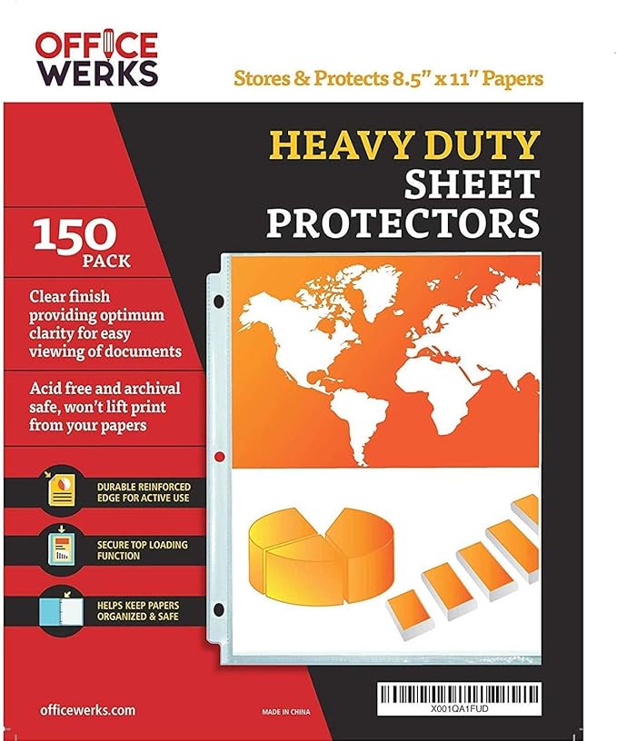 Office Werks 150 Sheet Protectors, 8.5"X11" Clear Page for 3 Ring Binder, Plastic Sleeves, Durable Top Loading Paper Protector with Reinforced Holes, Archival Safe