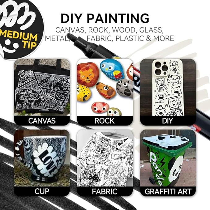 TRANSON 2 Black and 2 White Paint Markers for Fabric Rock Craft Diy Painting Medium Tip Oil Based Waterproof